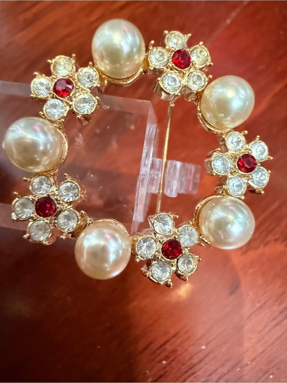 Vintage Signed Roman Rhinestone Pearl Wreath Brooch Pin